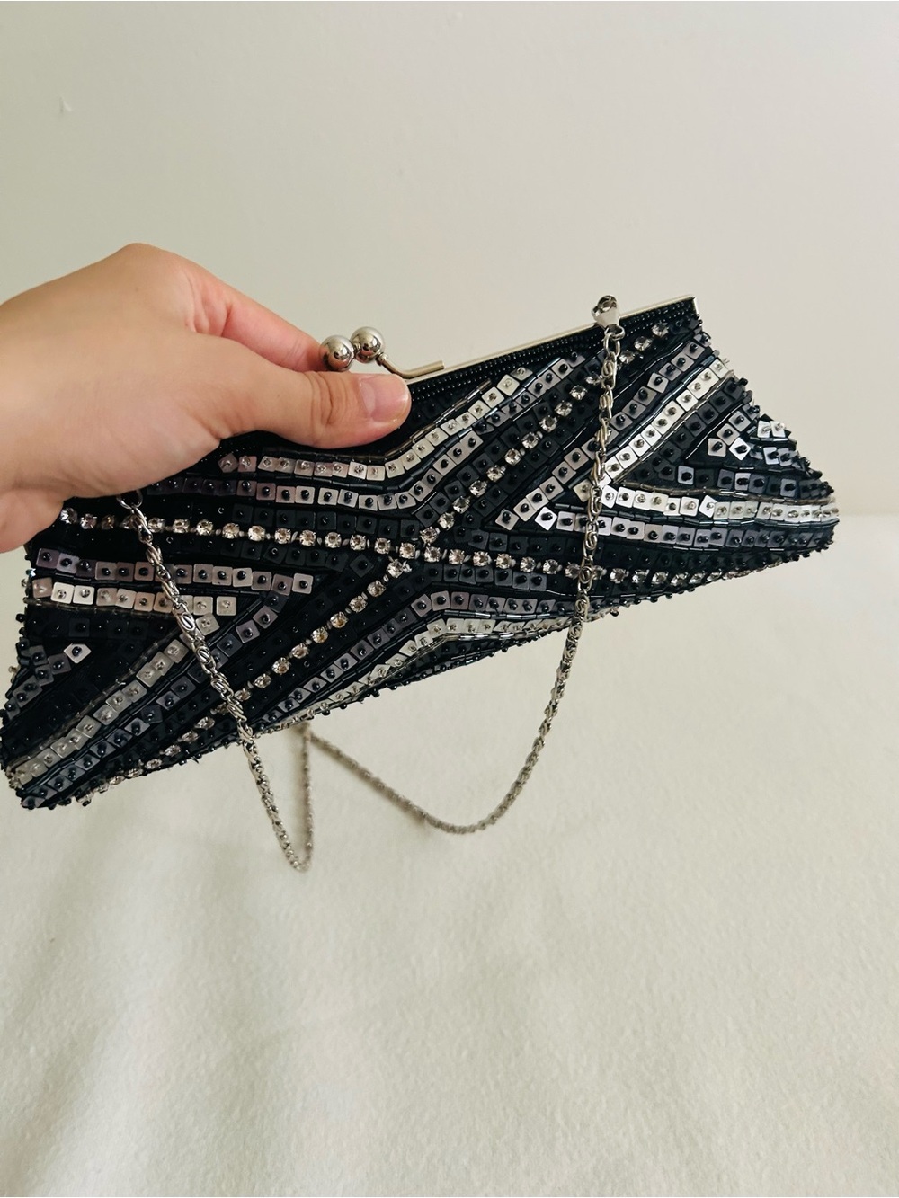 Aldo Beaded Black and Silver Evening Clutch with Chain Strap